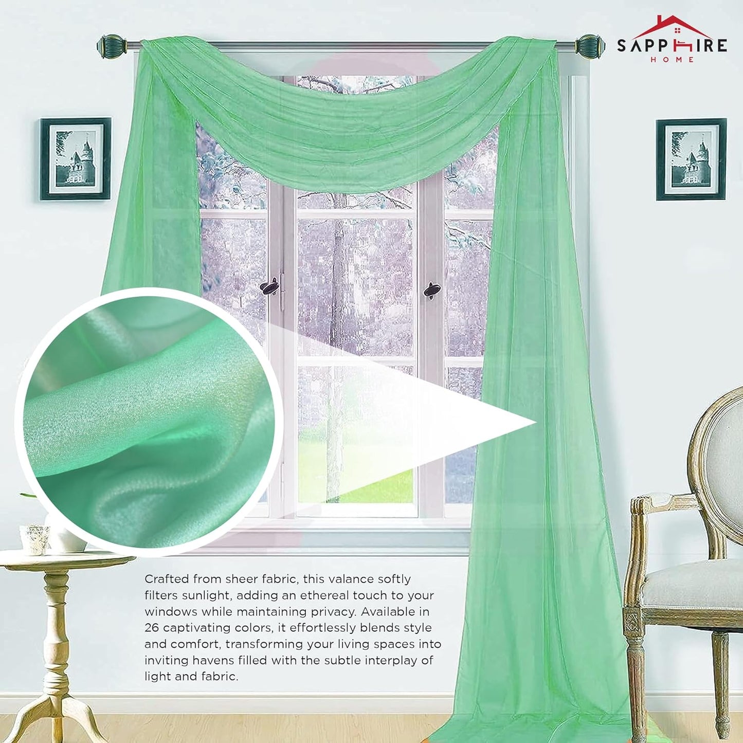 Sapphire Home Window Scarf Valance Curtains, Extra Long Sheer Valances for Living Room, Kitchen, Bedroom, 37" x 216" -
