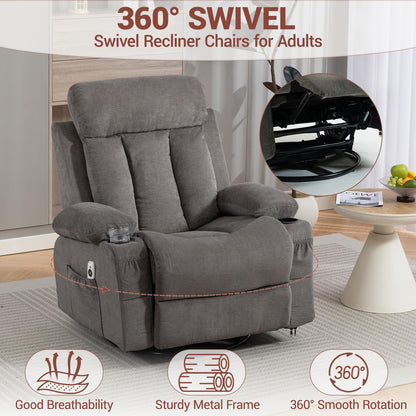 WINVO Rocker Recliner, Glider Recliner Chairs for Adults, 360° Swivel Recliner Chair w/Massage and Heating, Nursery Chair with Rocking Function, Side Pocket, Cup Holders for Living Room, Bedroom, Grey