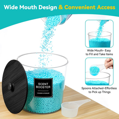 SACIOVEE Laundry Pods Container & Dryer Sheet Holder, Laundry Room Organization and Storage Jars with Lids, Labels & Scoops for Powder Detergent Scent Booster, Black Lid