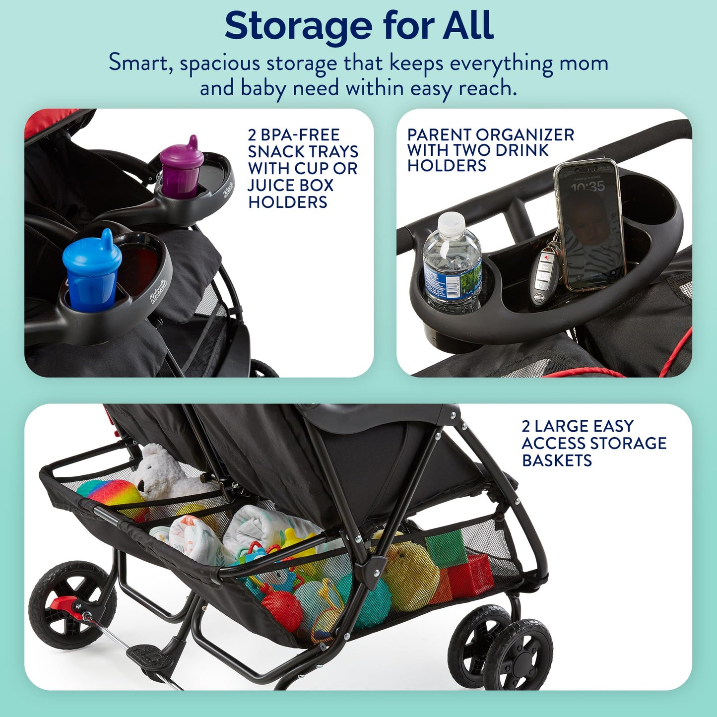 Kolcraft Cloud Plus Lightweight Double Stroller Side-by-Side for Infant Toddler, Compact Folding Travel System with Reclining Seats, Canopies, Storage Basket, Trays, Easy Maneuver – Red Black