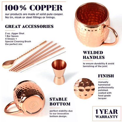 ALARUE Moscow Mule Copper Mugs Set - 4 Authentic Handcrafted 16 oz. Mugs with Accessories - Food Safe Pure Solid Copper - Gift Set with Recipe Book