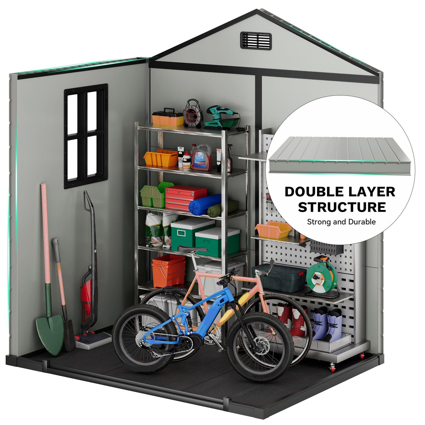 DWVO 6x4.4 FT Resin Storage Shed with Fence-Style and Side Windows, Lockable Door, and Vents Outdoor Storage Shed for Garden, Backyard, Patio, Lawn