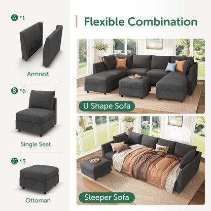 HONBAY Modular Sectional Sofa with Storage, U Shaped Couch Modular Convertible Sectional Couches for Living Room - Snowflake Velvet Grey