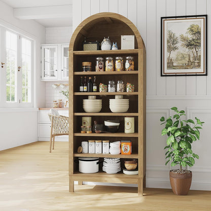 71" Tall Farmhouse Arched Display Cabinet with Adjustable Shelves, 7 Tier Arched Bathroom Storage Cabinet Bookshelf Bookcase Food Pantry Shoe Closet Shelf Organizer for Living Room Entryway Hallway