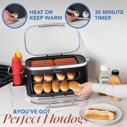 Kusini Hot Dog Roller Grill & Toaster Oven - Holds 8 Hot Dogs & 8 Buns, keep warm Option & Condiment Holder - Kitchen Appliance Hot Dog Cooker Machine - Hosting Party Essential, Unique Gifts Idea