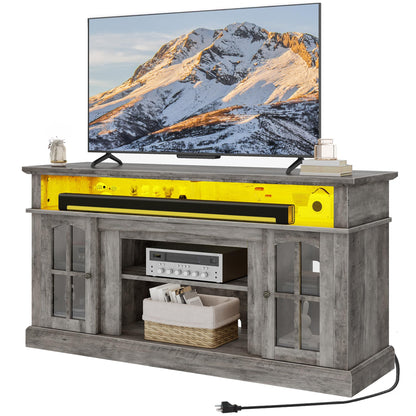 DWVO Farmhouse Television Stand for 75 Inch TV w/Outlets, LED Modern Entertainment Center with Glass Doors and Adjustable Storage Shelves, Media Console TV Cabinet for Living Room, Grey