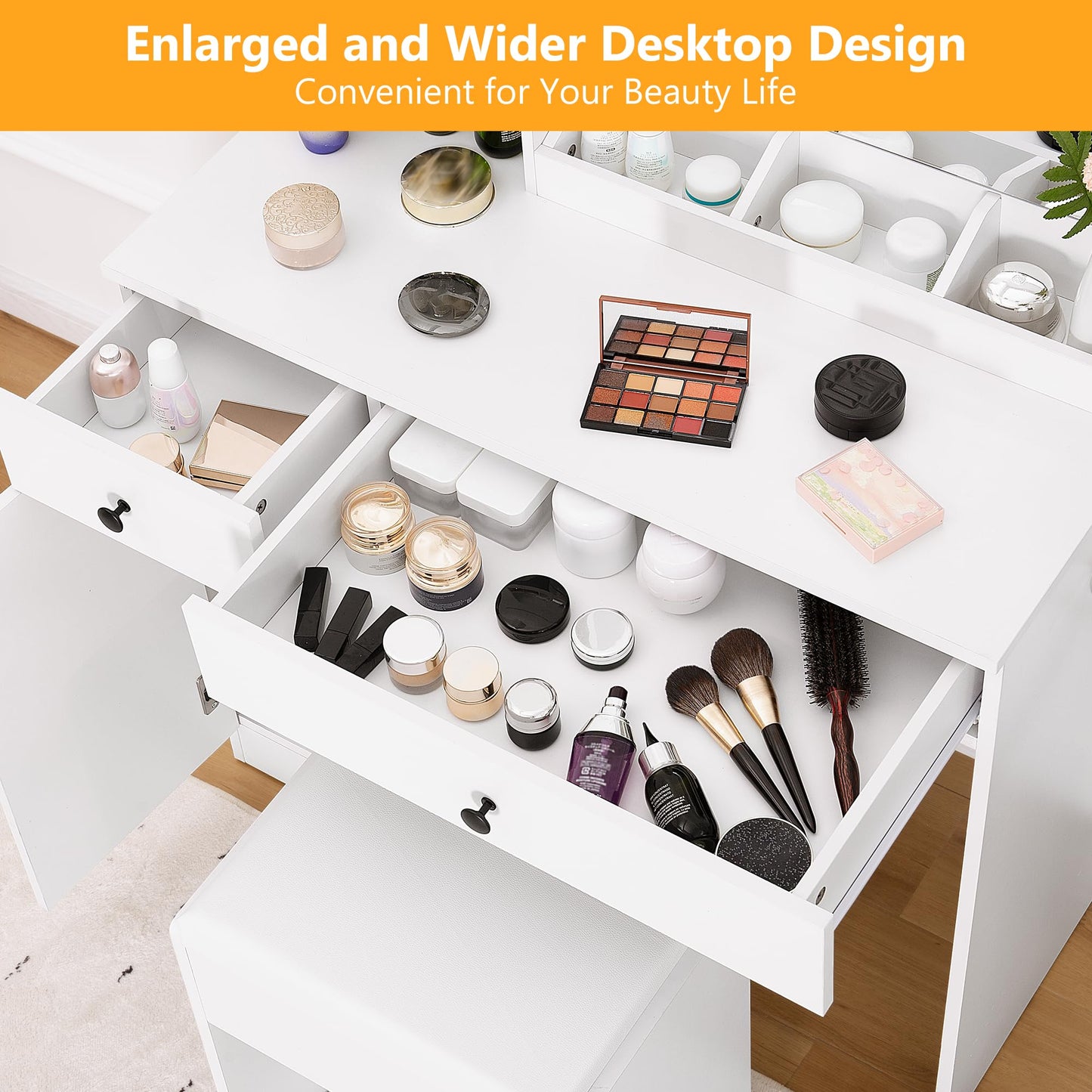 KAMABOKO Vanity Desk with Mirror and Lights, Makeup Vanity Table with Drawers & Shelves, Power Outlet, Dressing Table with Jewelry Storage for Bedroom (007 White)