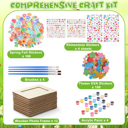 Gerrii 12 Pack Spring Picture Frame Painting Craft Kit Unfinished Wooden Photo Frame for 3 x 5 in Photos with Stickers Painting Tools Set for Graduation Birthday Home DIY Craft