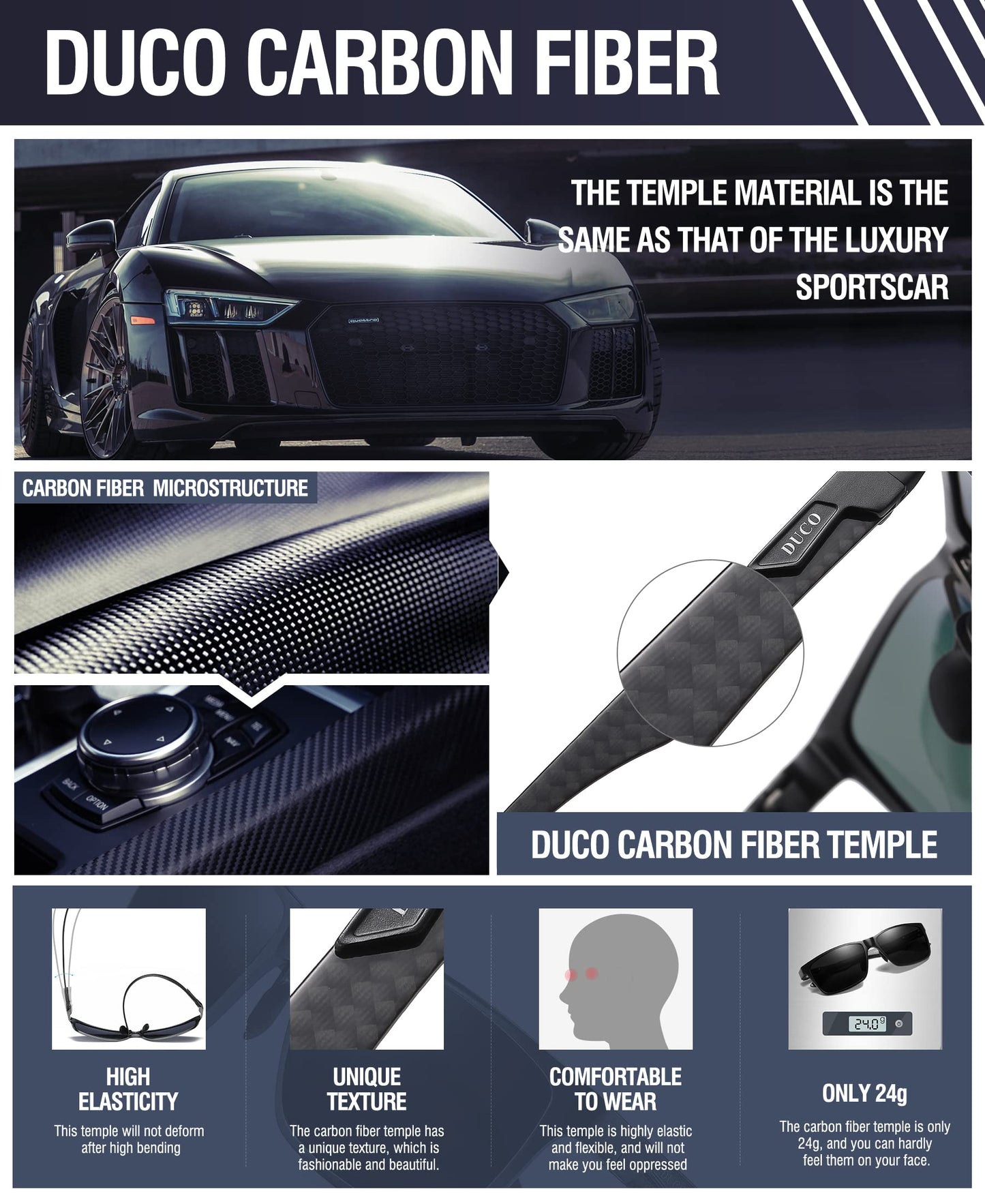 DUCO Mens Sunglasses Polarized Rectangle Sunglass for Men Lightweight Carbon Fiber UV400 Protection 8206