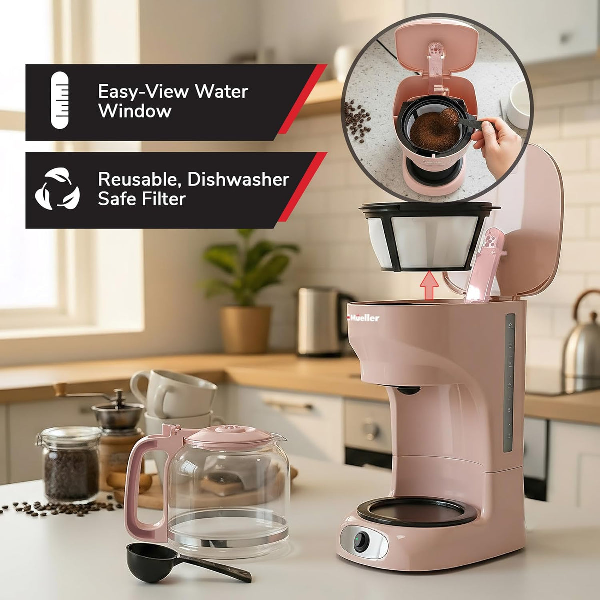 12-Cup MUELLER HOME Pink Coffee Maker - Borosilicate Carafe, Auto-Off, Pink Kitchen Accessories, Reusable Filter
