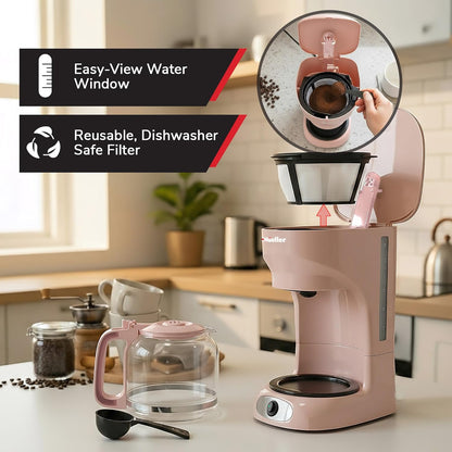 12-Cup MUELLER HOME Pink Coffee Maker - Borosilicate Carafe, Auto-Off, Pink Kitchen Accessories, Reusable Filter
