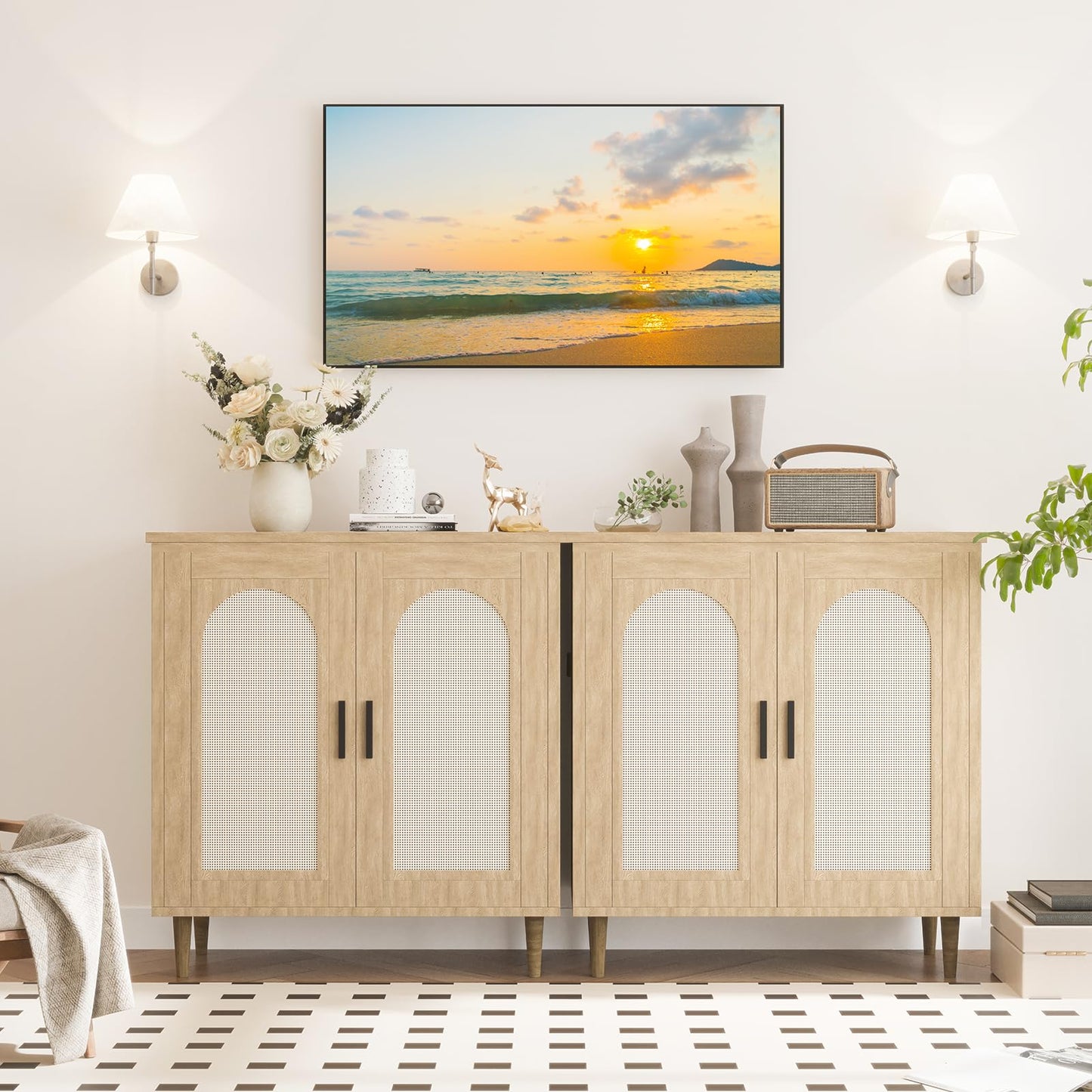 Garvee Rattan Buffet Cabinet with Storage, Sideboard Cabinet with 2 Doors and Adjustable Shelves, Boho Wood Cupboard for Kitchen, Livingroom, Dining Room, Entryway (Natural, 2 PCS)