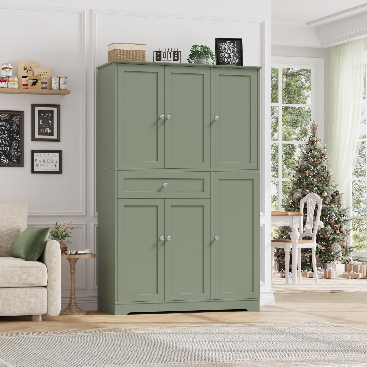 HOSTACK 68" Tall Kitchen Pantry Storage Cabinet, Modern Kitchen Hutch Cabinet with Doors and Shelves, Freestanding Food Pantry with Large Storage Drawer for Dining Room, Living Room, Green