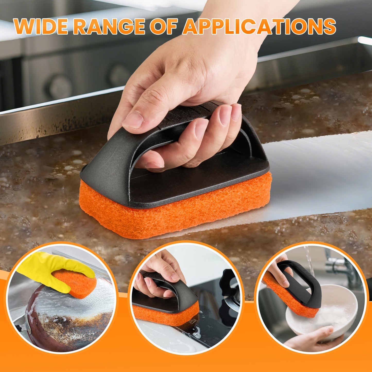 HE-SANQI Griddle Cleaning Kit for Blackstone, Flat Top Grill Cleaning Kit with Griddle Scraper, Grill Brick, Scouring Pads & Ergonomic Handles to Remove Grease, Burnt Residue (11 PCS)