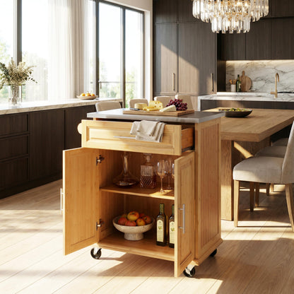 Christopher Knight Home ZAH Bamboo Rolling Cart with Drawers, Kitchen Bar Cart on Wheels with Stainless Steel Top, Mobile Rolling Kitchen Cart Storage Cabinet, Serving Cart, 29.13'' x 18.5'', Natural