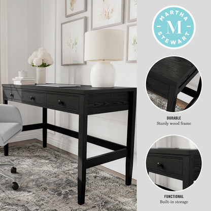Martha Stewart Rhett Home Office Desk with 3 Drawers and Tapered Legs in Black with Oil Rubbed Bronze Hardware