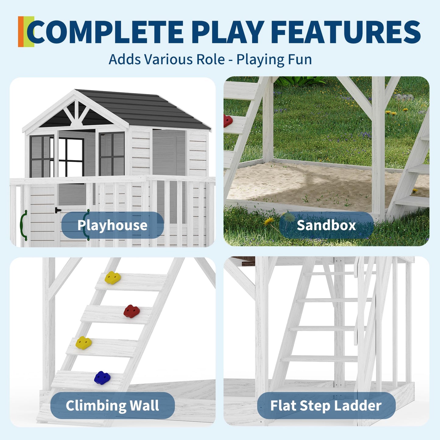 2 Story Wooden Playhouse with Climbing Wall, Outdoor Wooden Playhouse with Step Ladder, Elevated Modern Cedar Playhouses Kids