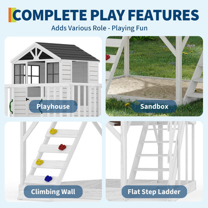 GarveeLife Outdoor Wooden Playhouse with Climbing Wall, 2 Story Wooden Playhouse with Step Ladder, Elevated Modern Cedar Playhouses Kids
