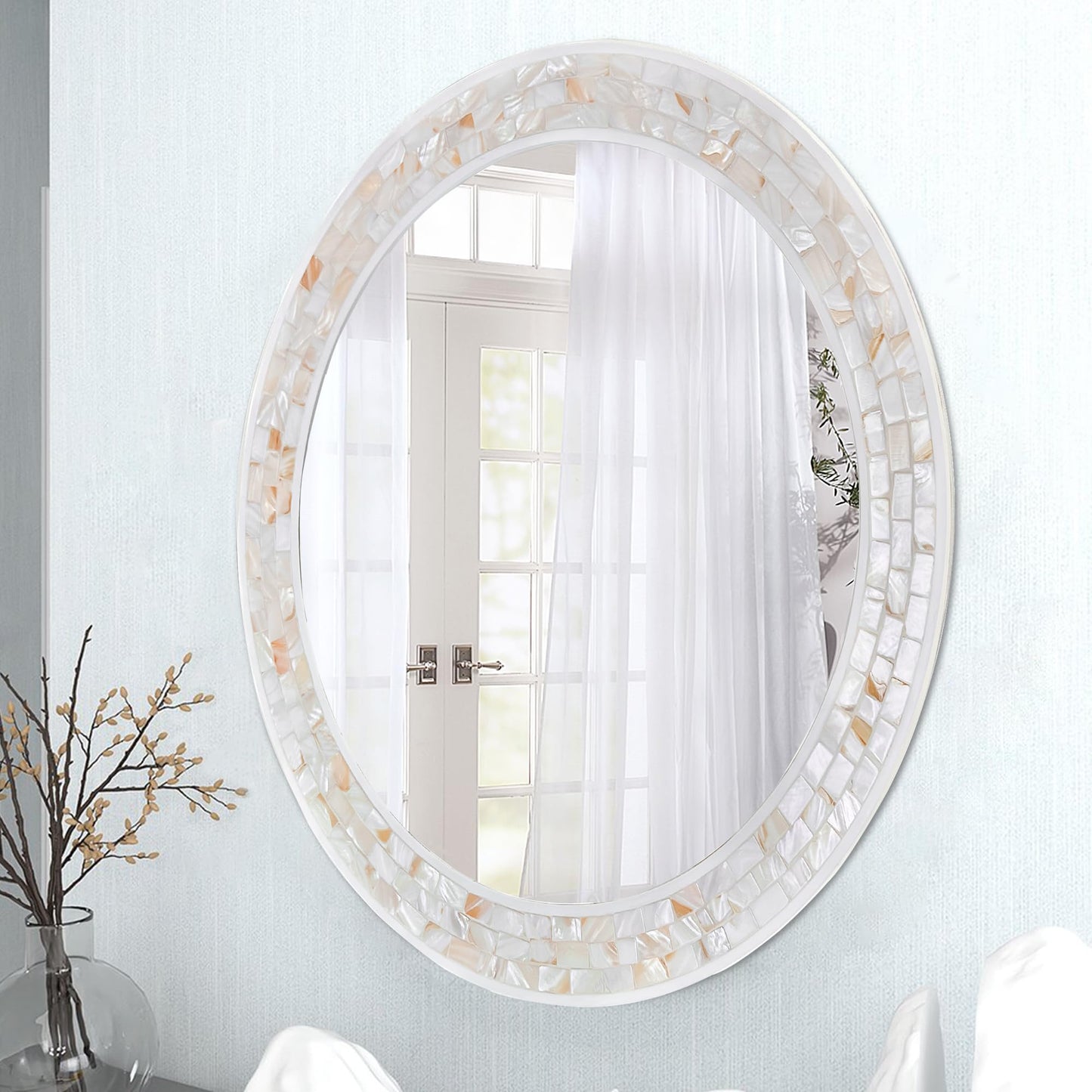 DUQIMO Mosaic Mirrors for Wall 30 Inch, Natural Mother of Pearl Inlay White Framed Round Mirror for Bathroom, Bedroom or Entryway