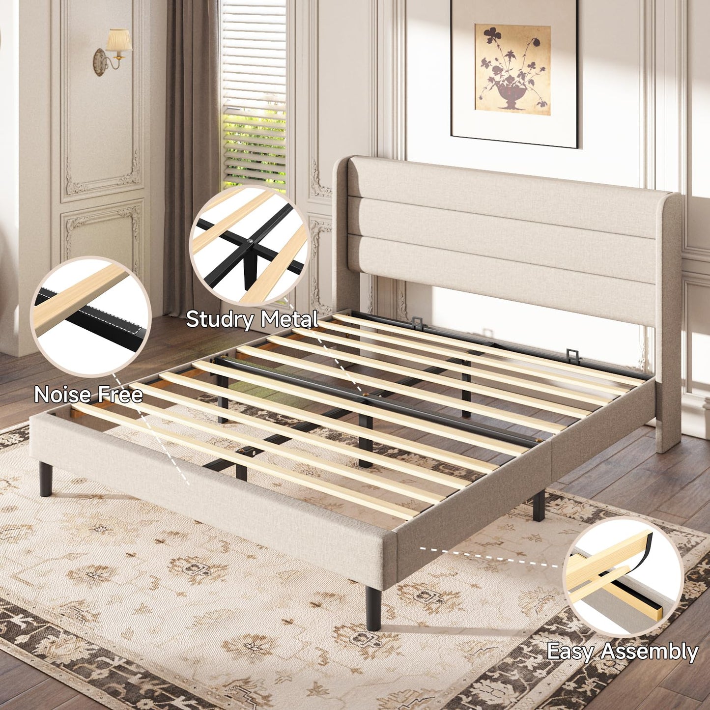Mxhtcewz Queen Size Upholstered Platform Bed Frame, Modern Linen Fabric Bed with Wingback Headboard, Sturdy No Wobble, Noise-Free & Easy Assembly, No Box Spring Needed, Beige