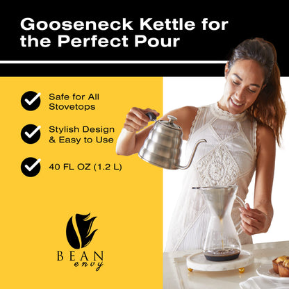 Bean Envy Pour Over Coffee Kettle, Small Gooseneck Kettle with Thermometer and Ergonomic handle, Pour Over Kettle Stainless Steel 40 Oz, Gooseneck Tea Kettle for all occasions.