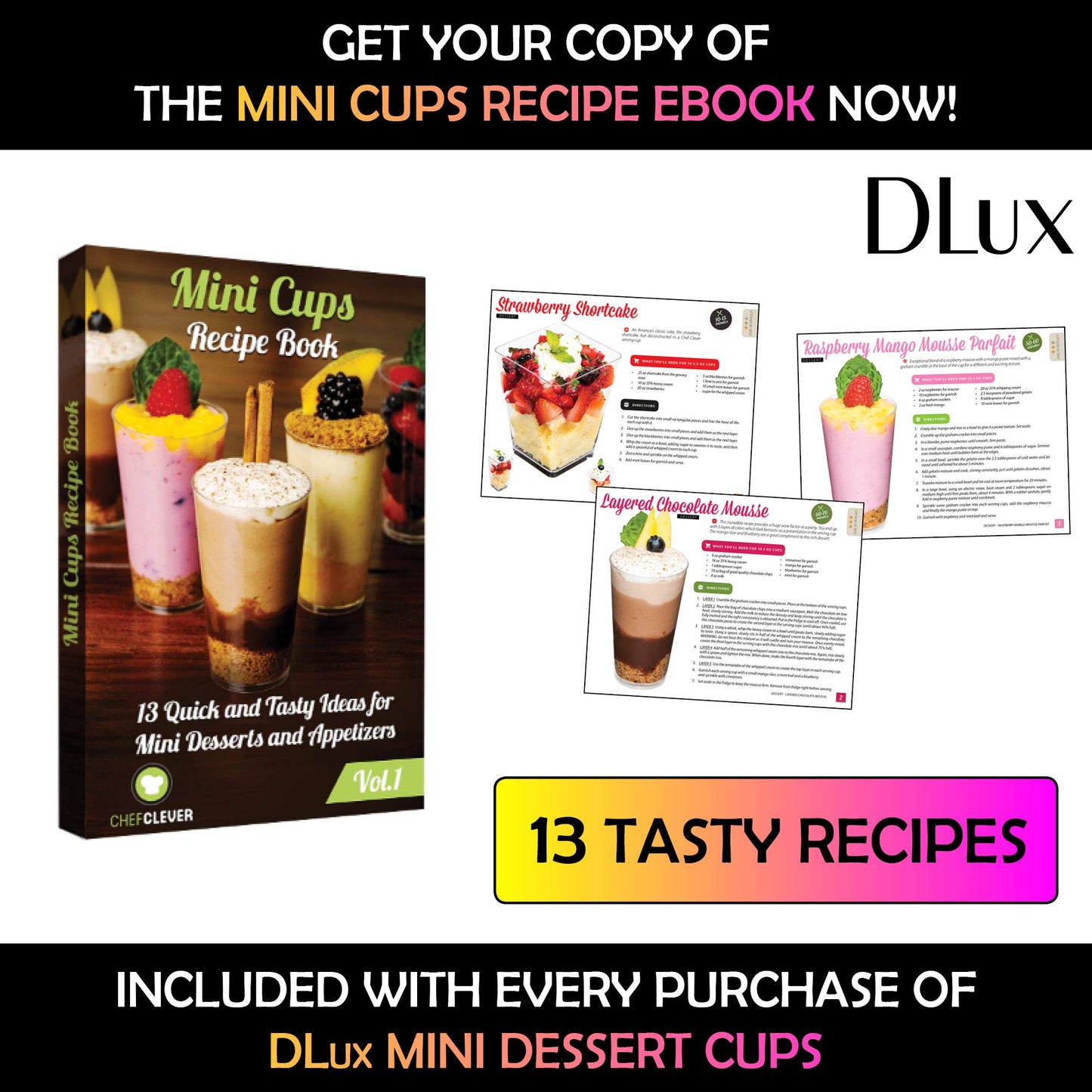 DLux 50 x 3 oz Mini Dessert Cups with Spoons, Shooter - Clear Plastic Parfait Appetizer Cup - Small Reusable Shot Glass for Tasting Party Shooters Desserts Appetizers - With Recipe Ebook