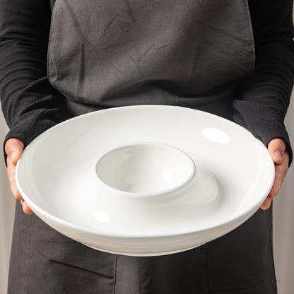 LEHAHA Ceramic Chip and Dip Serving Set, 12 Inch Large porcelain Divided Bowls Set for Salsa, Veggies, Dip, Appetizers, Snacks, Candy, Fruits-Relish Trays for Parties and Entertaining, White
