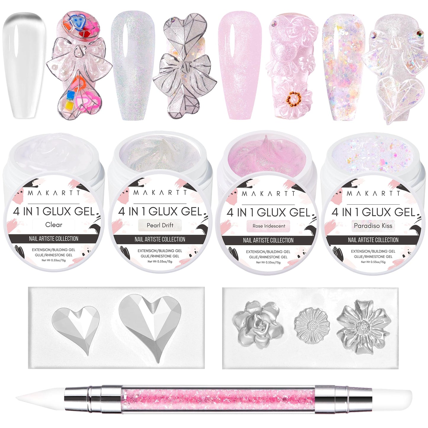 Makartt Clear Gel Builder Kit: Self-Levelling, Long Lasting Extension Hard Gels for Strengthener, Broken Nails Repair Gel Kit with Paper Forms, Dual forms, Nail File and Dual-End Brush 1.06 oz