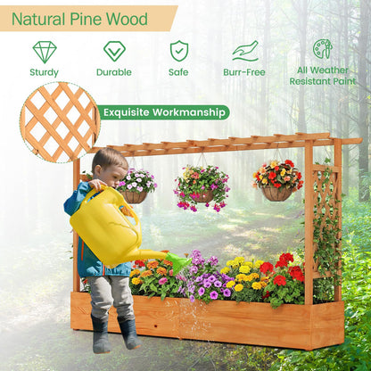 LDAILY Raised Garden Bed with Trellis, Above Ground Garden Bed with Hanging Roof, Side Trellis, & 6 Drainage Holes, Planter Box for Outdoor Climbing Plants Vines Flowers
