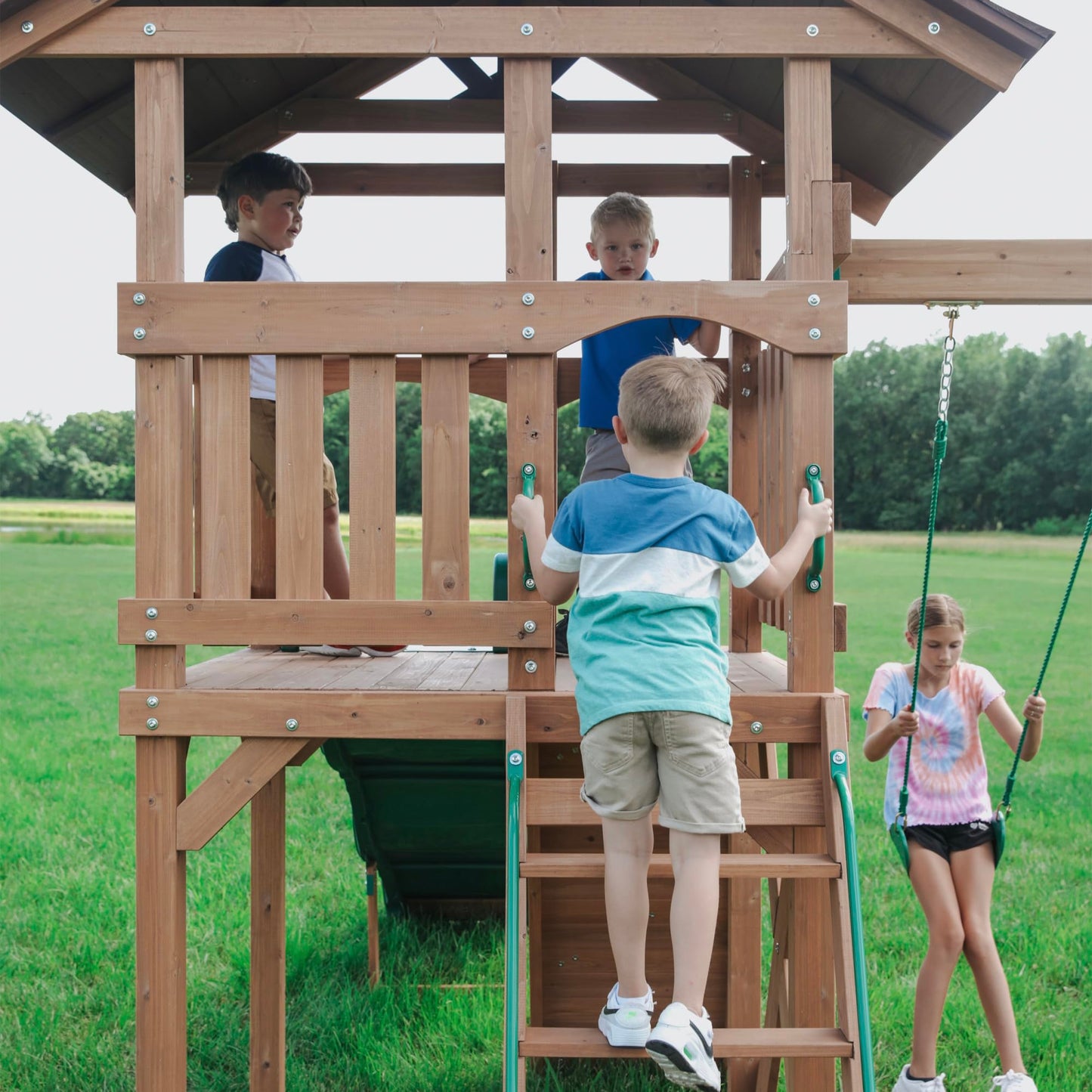 Backyard Discovery Lightning Ridge Cedar Wood Swing Set with Wave Slide, Play Deck, Rock Wall, Sandbox, Belt Swings, Toy Telescope, Steering Wheel, Step Ladder, Outdoor Playset