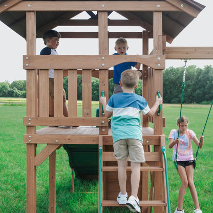 Backyard Discovery Lightning Ridge Cedar Wood Swing Set with Wave Slide, Play Deck, Rock Wall, Sandbox, Belt Swings, Toy Telescope, Steering Wheel, Step Ladder, Outdoor Playset