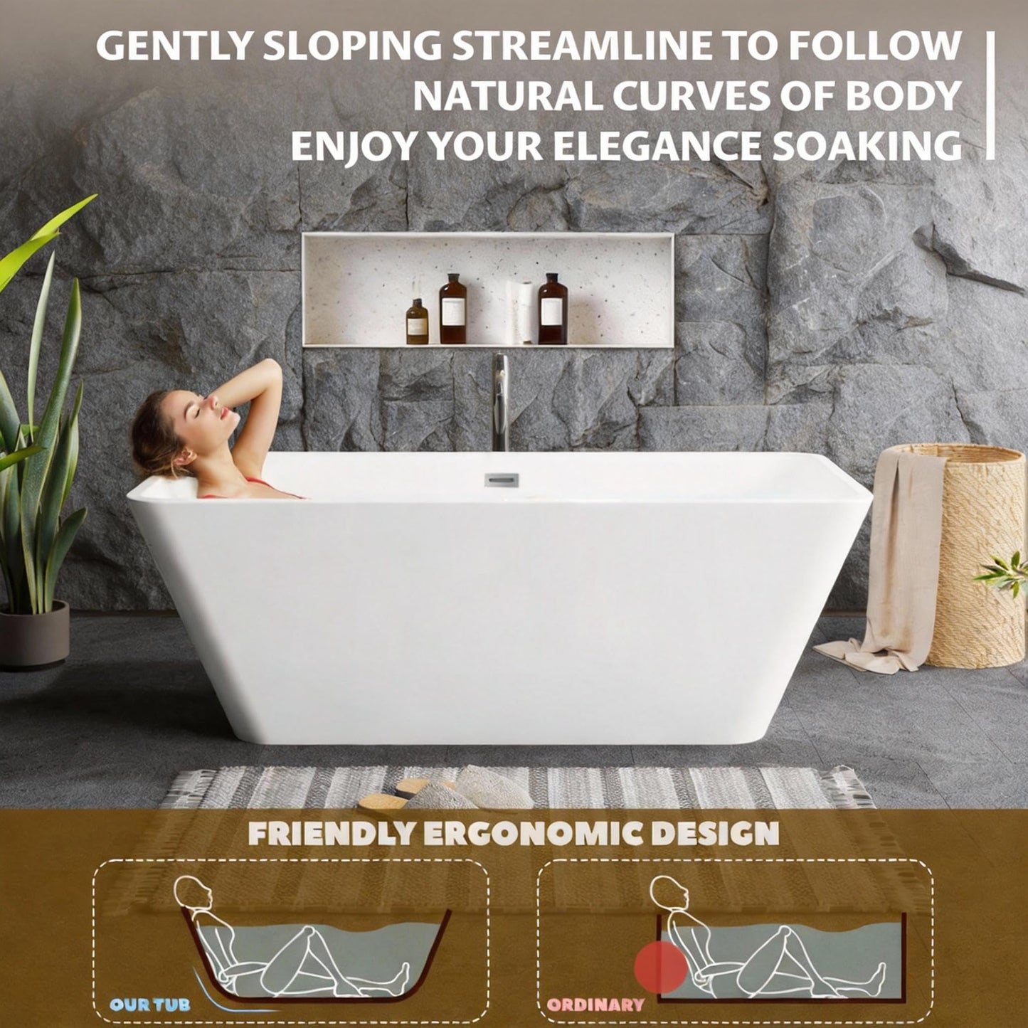 59" Acrylic Freestanding Soaking Bathtub, Matte Drain & Black Overflow, Modern Design Tub for Home Bathroom Renovations, Glossy White