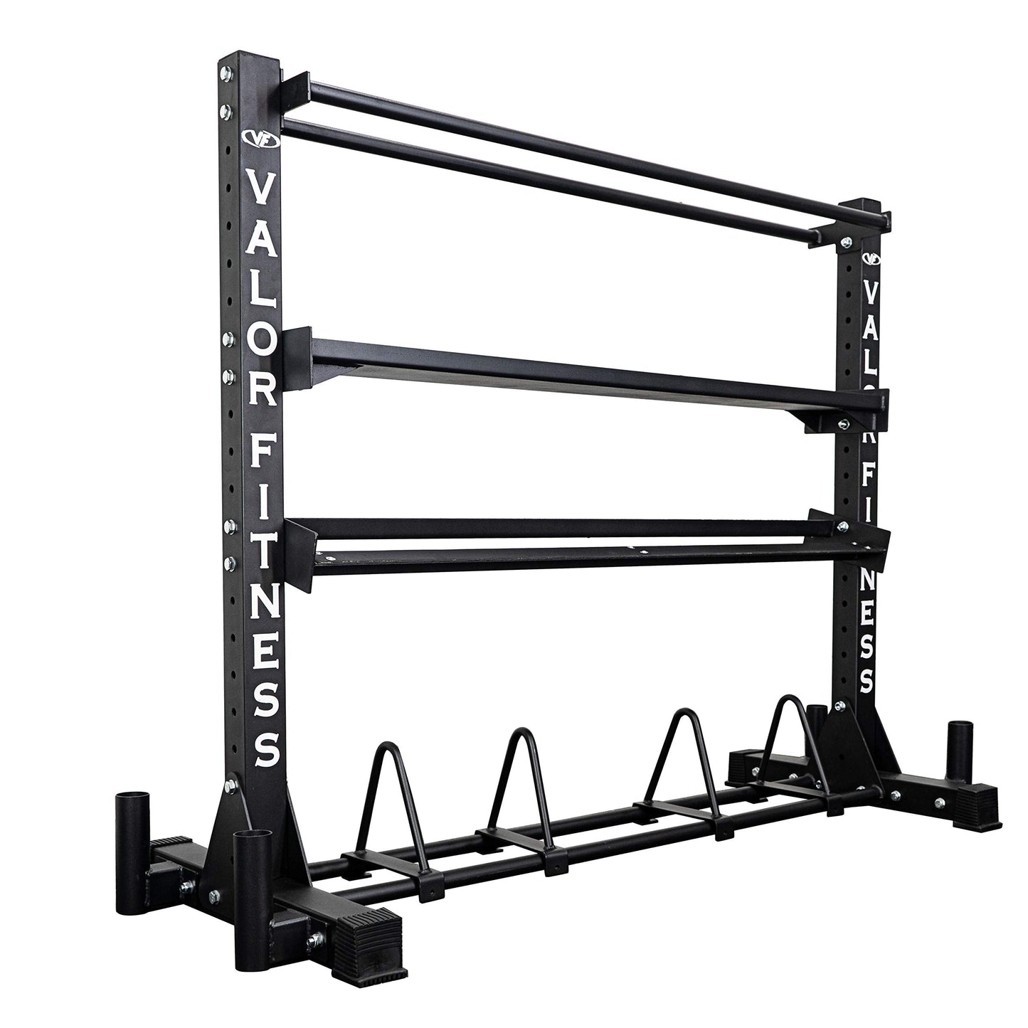 Valor Fitness Heavy Duty 4-Tier Gym Equipment Storage Rack – Organize Kettlebells, Dumbbells, Medicine Balls, Bumper Plates & 4 Barbells, 1200 lb Capacity for Home Gym Sports Equipment Organizer
