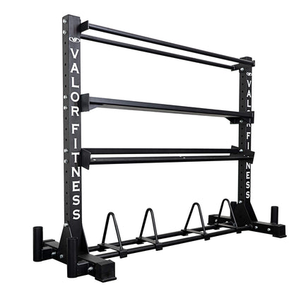 Valor Fitness Heavy Duty 4-Tier Gym Equipment Storage Rack – Organize Kettlebells, Dumbbells, Medicine Balls, Bumper Plates & 4 Barbells, 1200 lb Capacity for Home Gym Sports Equipment Organizer