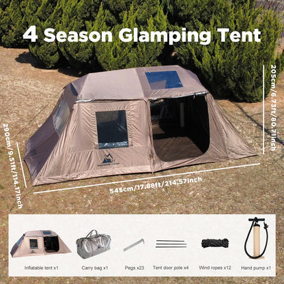 Romantic Camp Inflatable Camping Tent with Pump,8-10 Person Waterproof Blow Up Air Tent for Camping Hiking,Easy to Set Up 4-Season Inflatable House Tent with Oversized Canopy