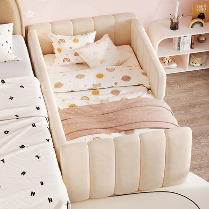 Merax Upholstered Floor Daybed with Removable Guardrails, Compatible with Standard US mattresses, Safety Bed with High Headboard & Footboard, Beige