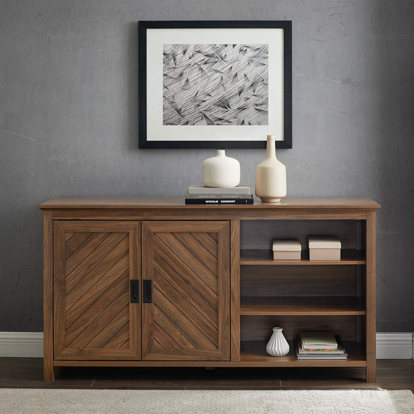 Walker Edison Modern Wood Grooved Buffet Sideboard with Open Storage Entryway Serving Storage Cabinet Doors Dining Room Console, 58 Inch, Dark Walnut