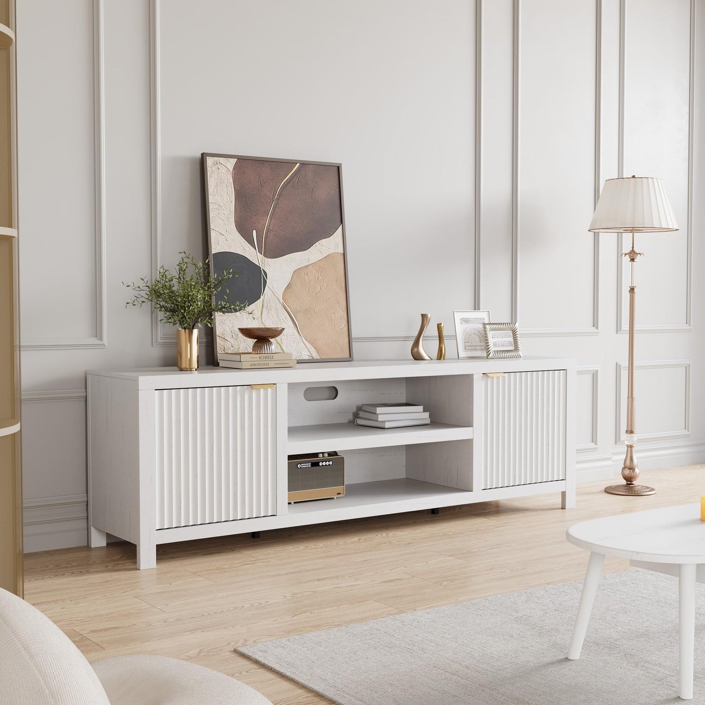 IDEALHOUSE Fluted TV Stand for 75+ Inch, Modern Entertainment Center with 2-Tier Storage & Adjustable Shelves, Media Console Cabinet with 2 Fluted Doors and Gold Handle for Living Room, Bedroom, White