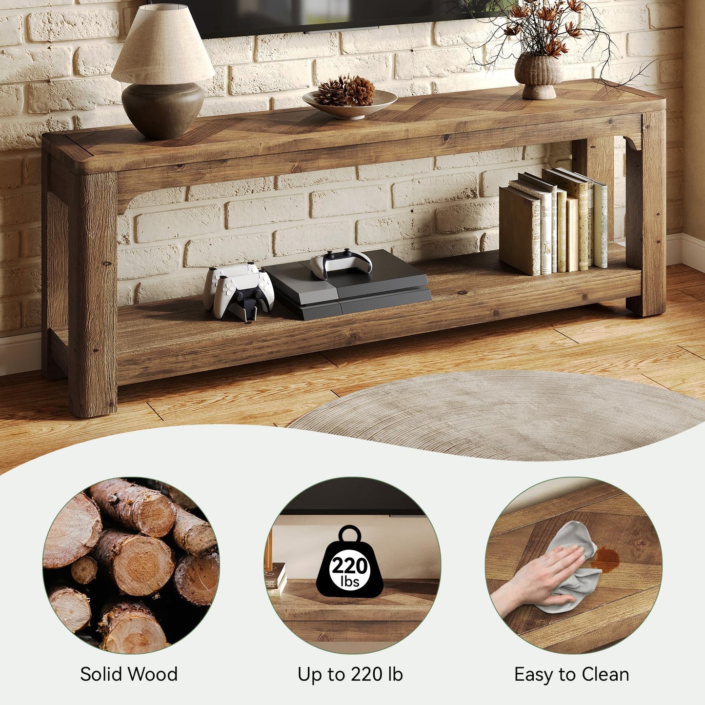 LITTLE TREE Solid Wood TV Stand with Open Storage Shelves, Farmhouse TV Stand for 65-Inch TV, Mid Century Modern TV Stand for Living Room, Bedroom - 63" Rustic Brown