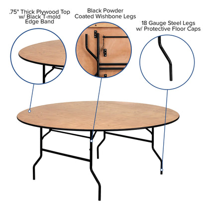 Flash Furniture Furman 6' Round All-Occasion Wood Folding Event Table, Foldable Round Portable Banquet Table with Wooden Top, Natural/Black