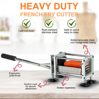 French Fry Cutter, Professional Potato Cutter Slicer, Stainless Steel Blades with 1/2 Inch & 3/8 Inch Blade, Great for Potatoes Carrots Cucumbers