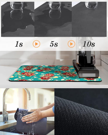 Coffee Bar Mat Accessories for Countertop, Pioneer Flower Rubber Backed Dish Drying Mats, 20x12in, Fit Under Coffee
