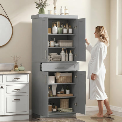 HOMCOM 72" Kitchen Pantry Cabinet, Freestanding Tall Storage Cabinet with 4 Doors, Drawer and 3 Adjustable Shelves for Dining Room, Gray