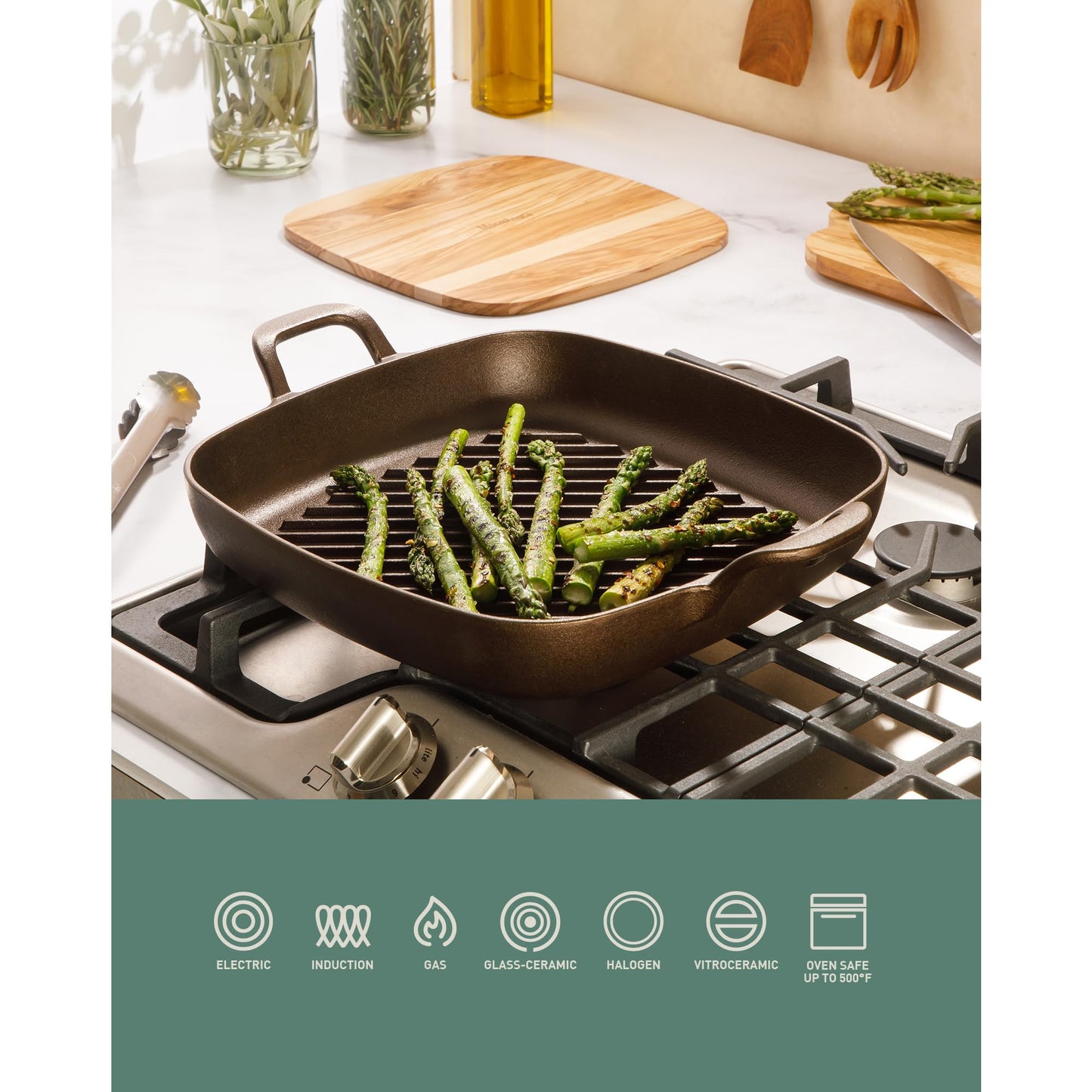 Bloomhouse - Two Time Oprah's Favorite Things Winner - Natural Bronze Finish 12" Square Cast Iron Grill Pan – Olive Oil Treated Surface w/Dual Handles & Olive Wood Trivet, Oven Grill Campfire Safe