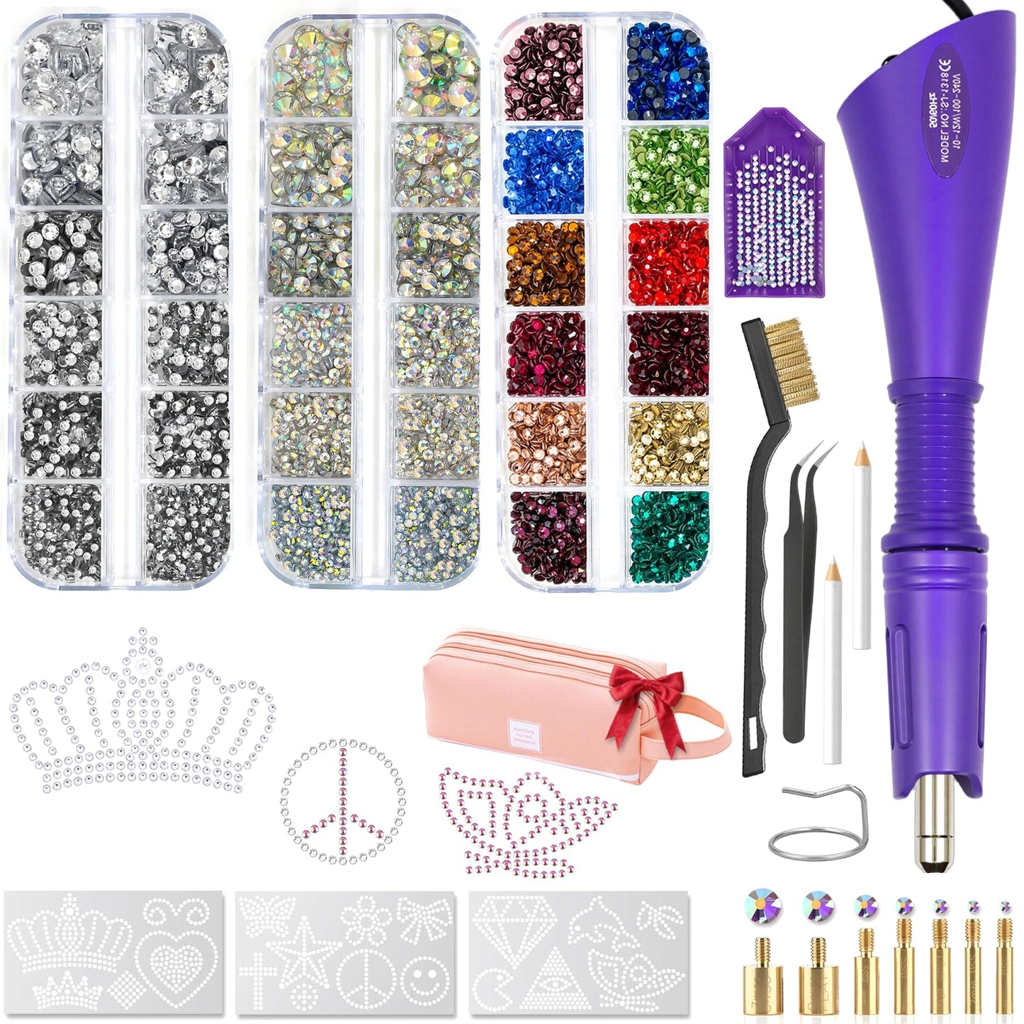 Hotfix Rhinestones Applicator Kit Set 4500 Pcs Crystals (White/AB/Multi-Color) - Bedazzler DIY Craft Includes 19 Pattern Templates, Tweezers, Brush, Storage Bag - for Clothes, Fabric, Jeans (Purple)