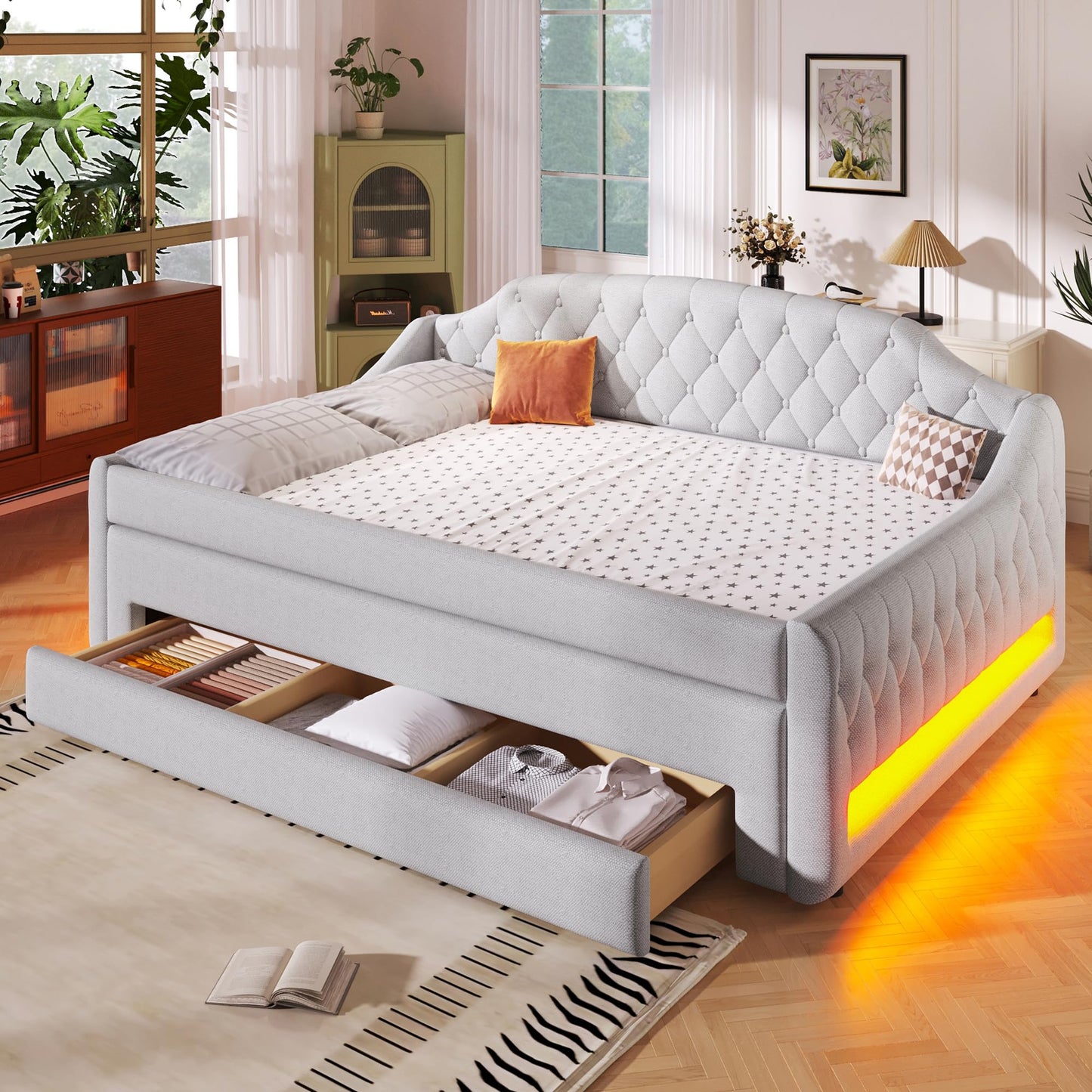 Merax Upholstered Full Size Daybed with LED Lights, Trundle & 3 Drawers, Linen Sofa Bed for Guest Room & Small Spaces, Beige