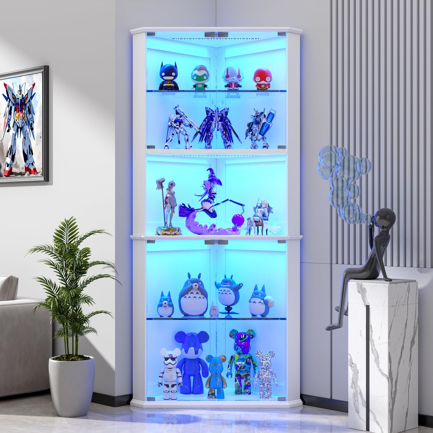 kepptory 71.6" Corner Display Cabinet with LED Lights, 5-Tier Tall Curio Cabinet with Adjustable Glass Shelves&Glass Door, Wine Cabinet for Living Room, Home Bar (White, 25.2''x21.6''x71.6'')