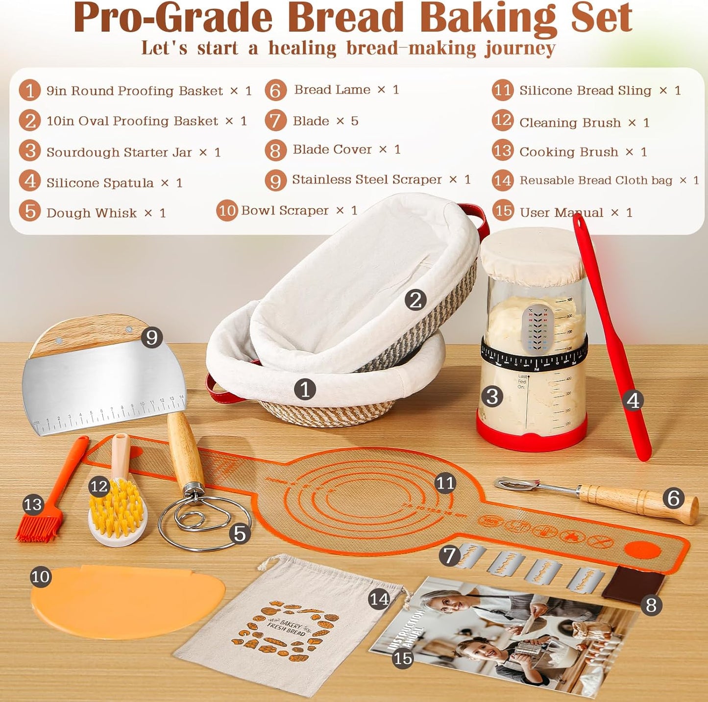 9" 10" 37oz Sourdough Starter Kit with Round & Oval Banneton Proofing Basket and Starter Jar - Beginner-Friendly