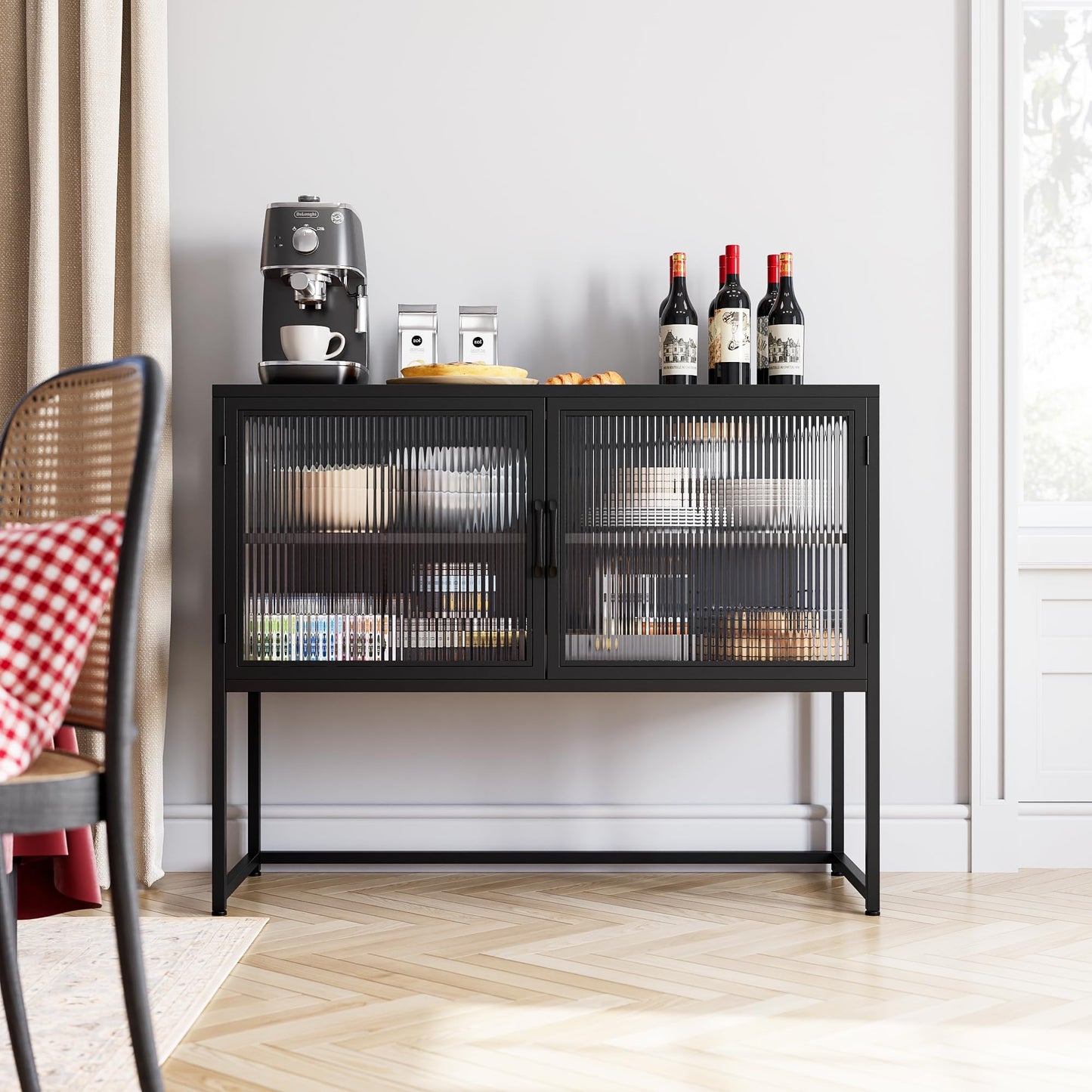 GAOMON Buffet Cabinet with Glass Doors, Sideboard with Adjustable Shelves, Freestanding Storage Cabinet for Kitchen, Living Room, Dining Room, Black
