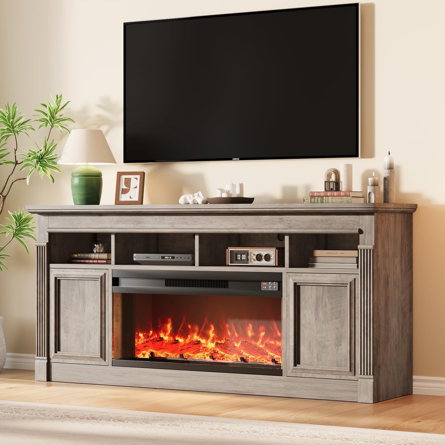 Garvee 68" Farmhouse Electric Fireplace TV Stand, Entertainment Center with Open Storage Cabinets for TVs up to 75", Media Console for Living Room,Grey